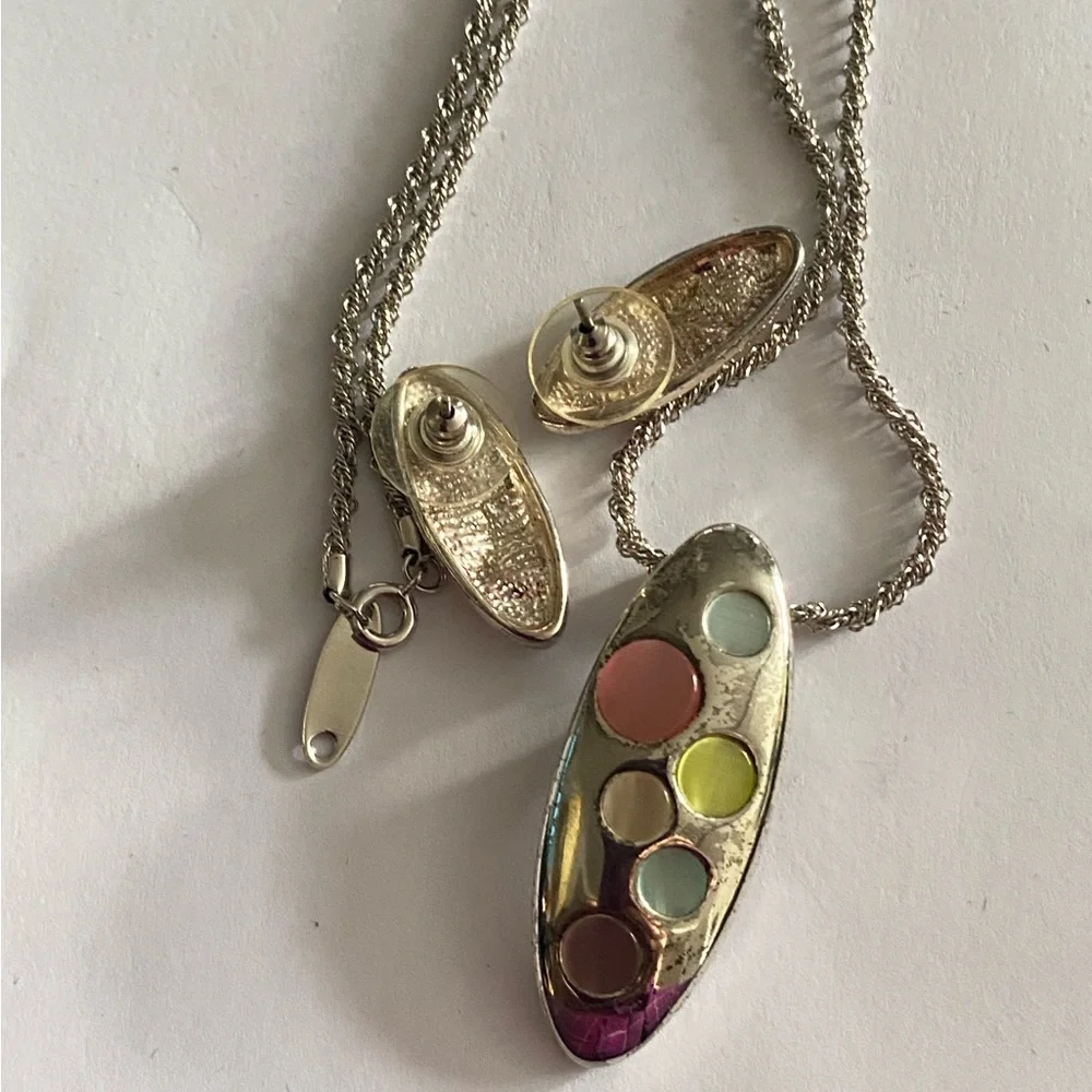 Rare! Vintage Whiting Davis Silver Earrings Pendant & Intricately Woven Chain Se